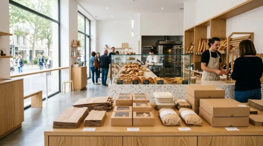 Vue d'ensemble d'un comptoir de pâtisserie moderne avec divers emballages en kraft et carton disposés devant des vitrines de produits