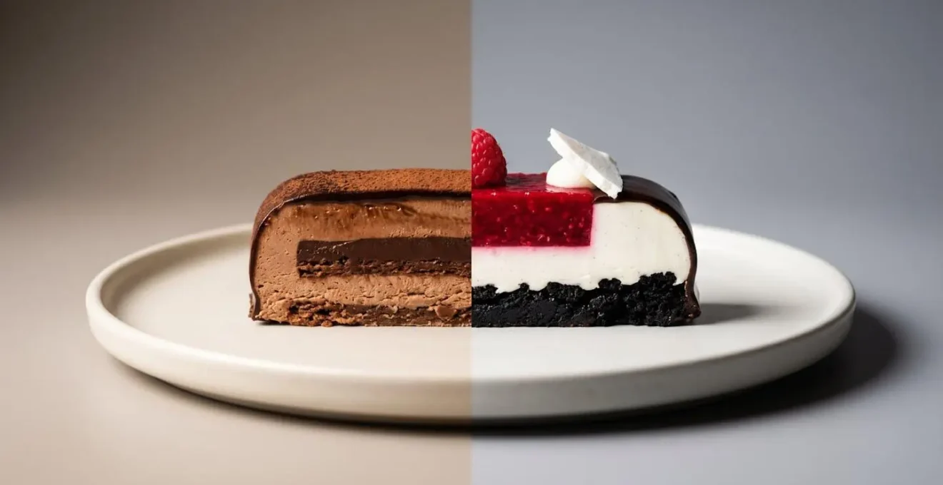 Composition symbolique d'un dessert présentant le contraste entre palette ton sur ton et couleurs franches dans une approche moderne