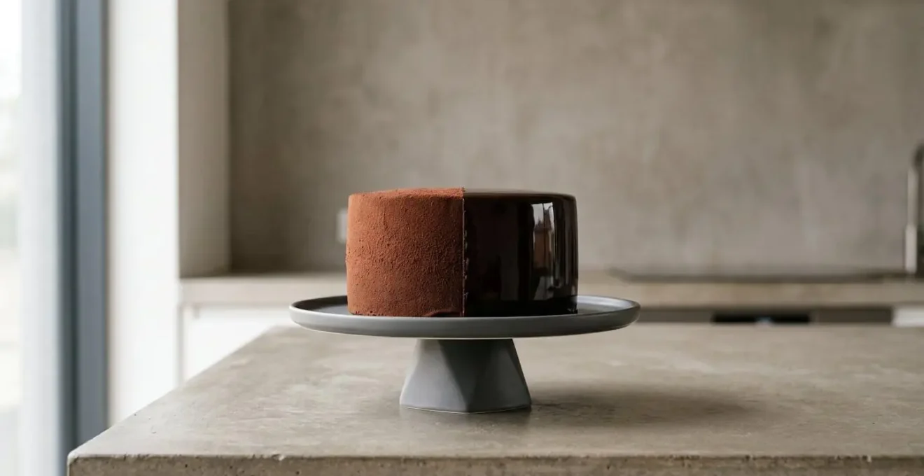 Composition minimaliste illustrant le contraste entre textures mates et brillantes sur un gâteau
