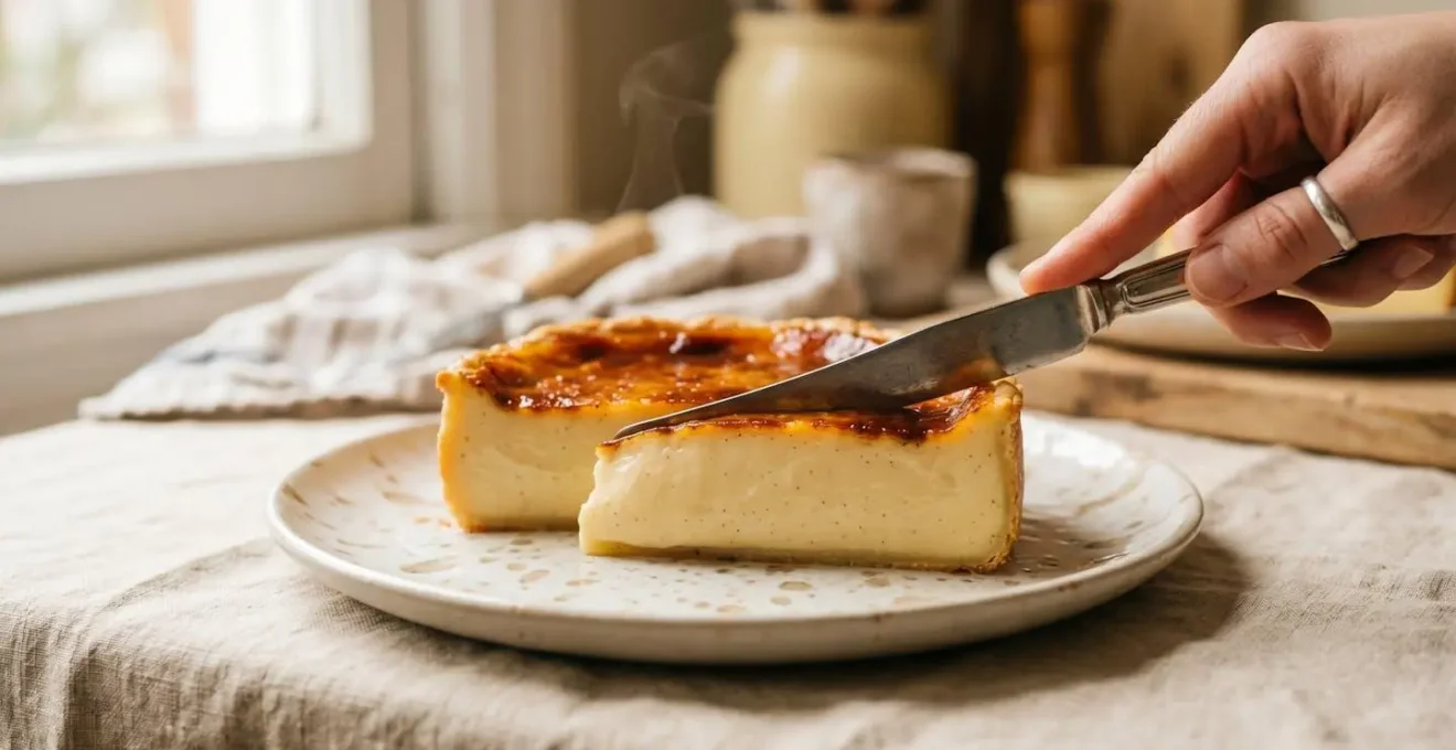 Coupe transversale d'un flan pâtissier révélant sa texture soyeuse et homogène