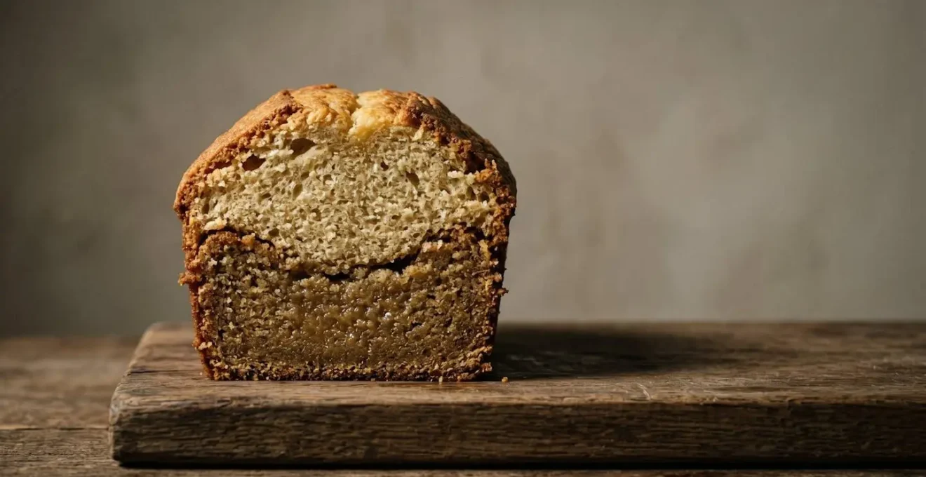 Coupe transversale d'un gâteau montrant un contraste entre la croûte levée et le cœur dense
