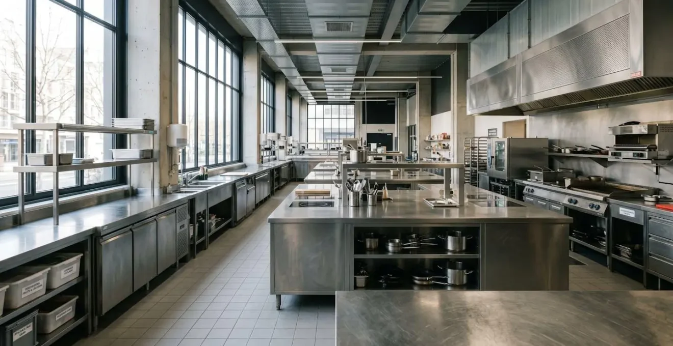Intérieur d'une cuisine professionnelle de restauration rapide moderne avec plans de travail en inox propres et éclairage naturel abondant