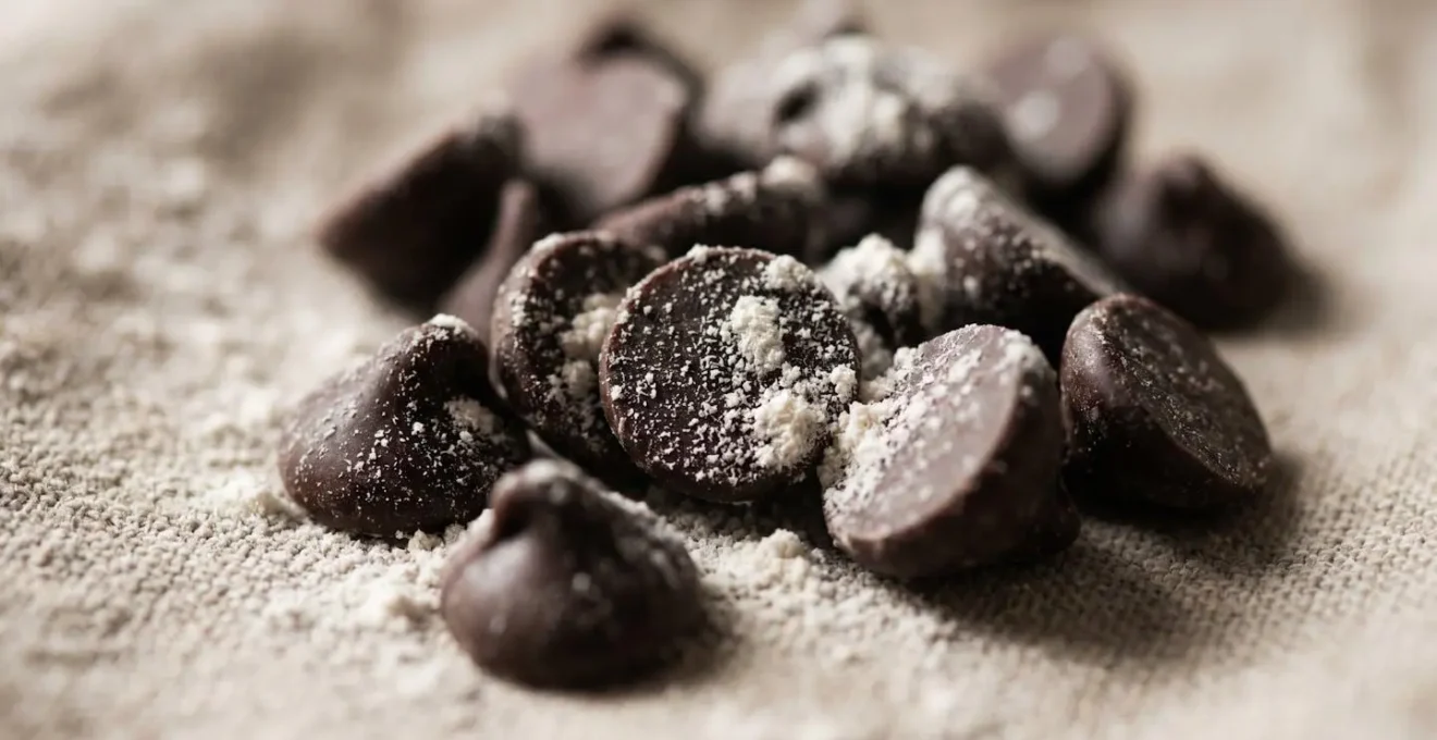 Gros plan macro sur des pépites de chocolat recouvertes d'une fine pellicule de farine