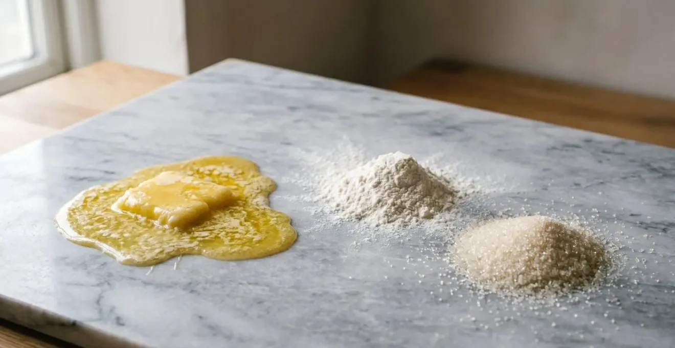 Visualisation minimaliste de l'équilibre entre matières grasses, sucres et farines dans un fondant parfait