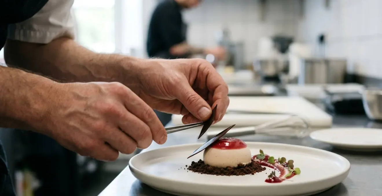 Geste délicat d'un pâtissier dressant avec précision un dessert minimaliste sur une assiette épurée
