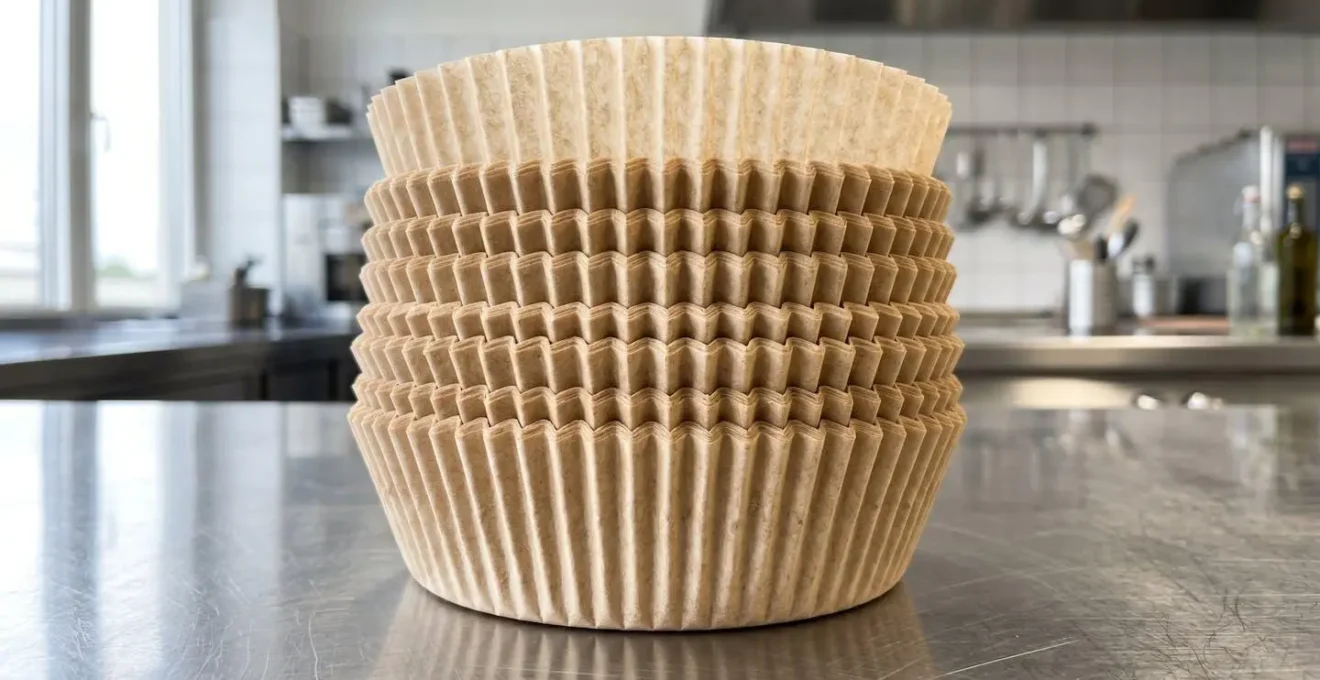 Gros plan sur une pile de moules en papier cuisson beige empilés sur un plan de travail en inox brillant dans une cuisine professionnelle
