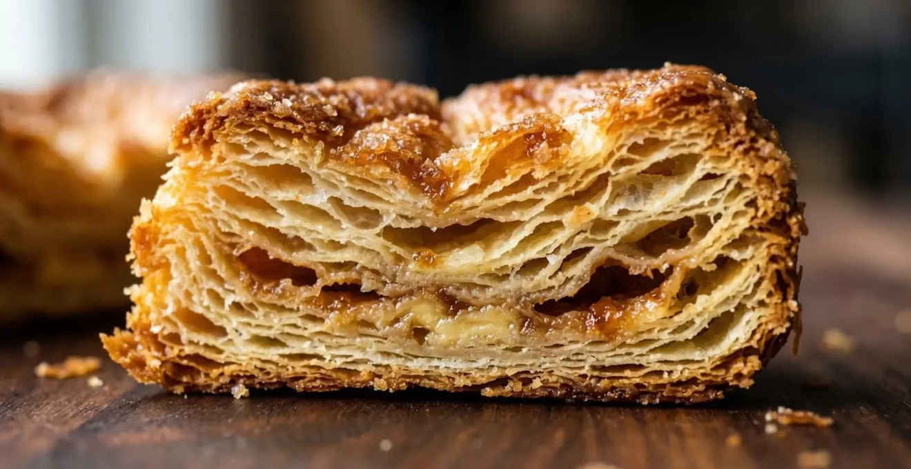 Vue macro détaillée des couches feuilletées caramélisées d'un kouign-amann breton coupé