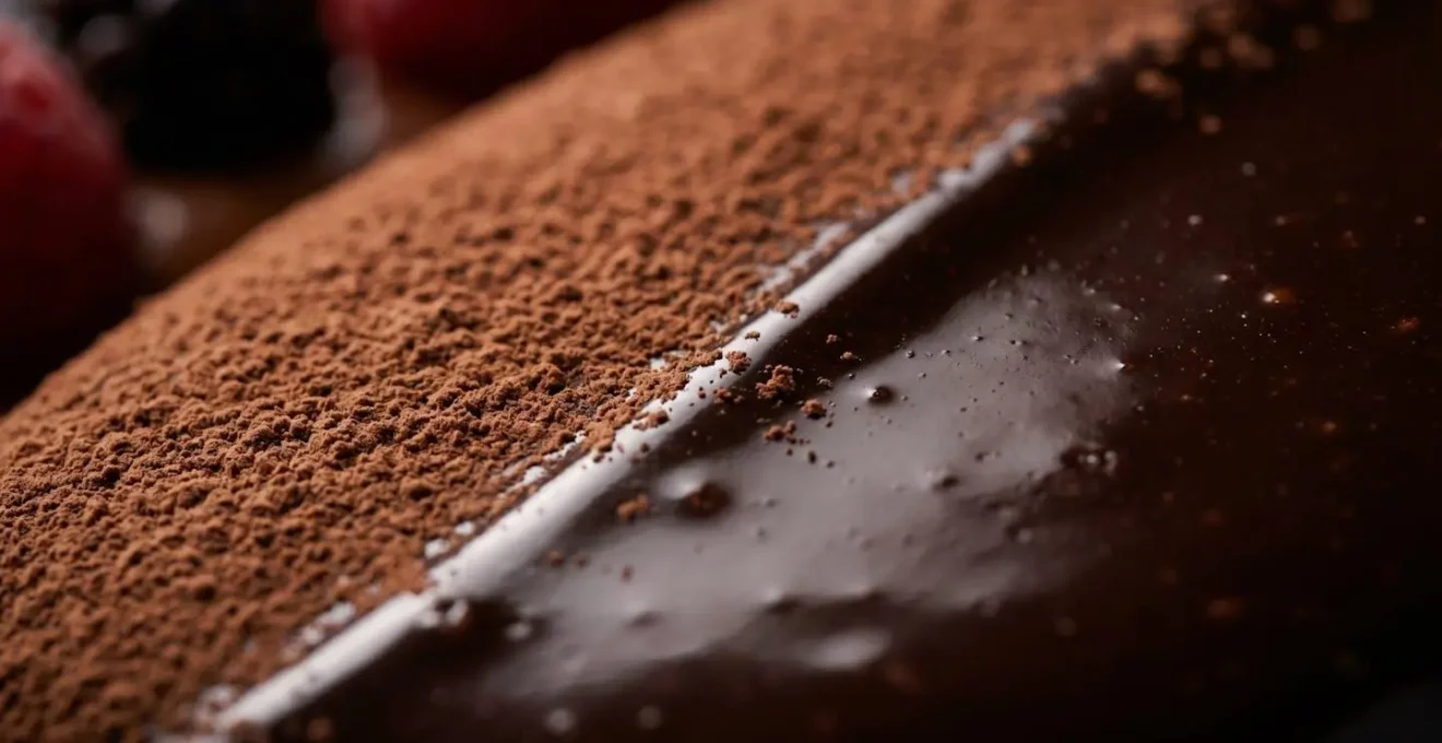 Gros plan macro sur la texture d'une ganache au chocolat révélant les détails et la profondeur créés par le contraste des finitions
