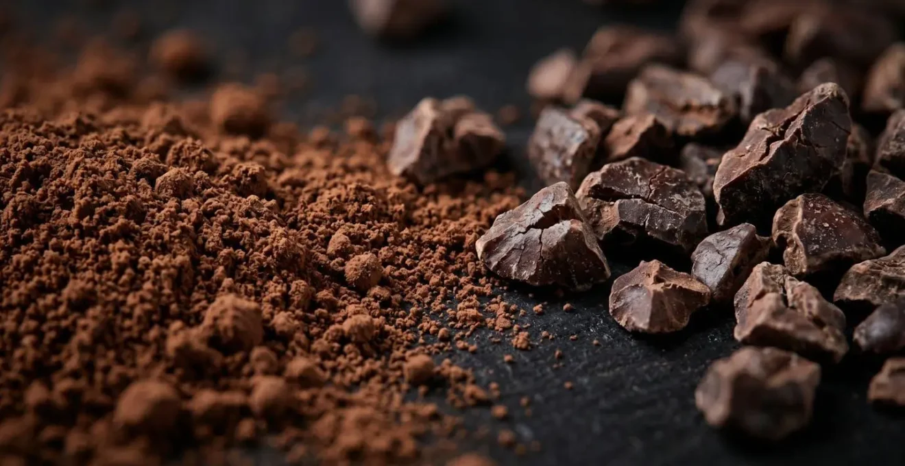 Gros plan macro sur la texture contrastée de poudre de cacao fine et éclats de fèves torréfiées