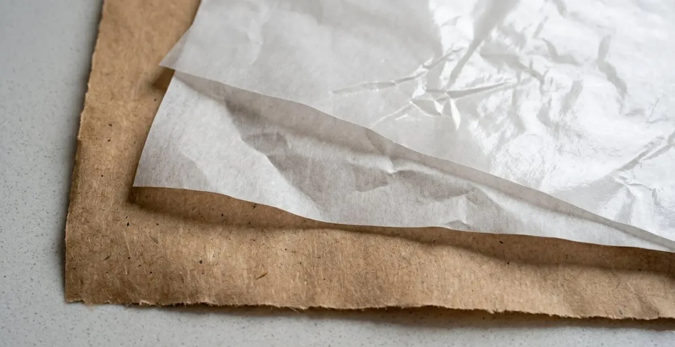 Gros plan sur plusieurs types de papiers alimentaires superposés montrant les différences de texture entre kraft, silisé et mousseline avec un jeu de lumière latérale