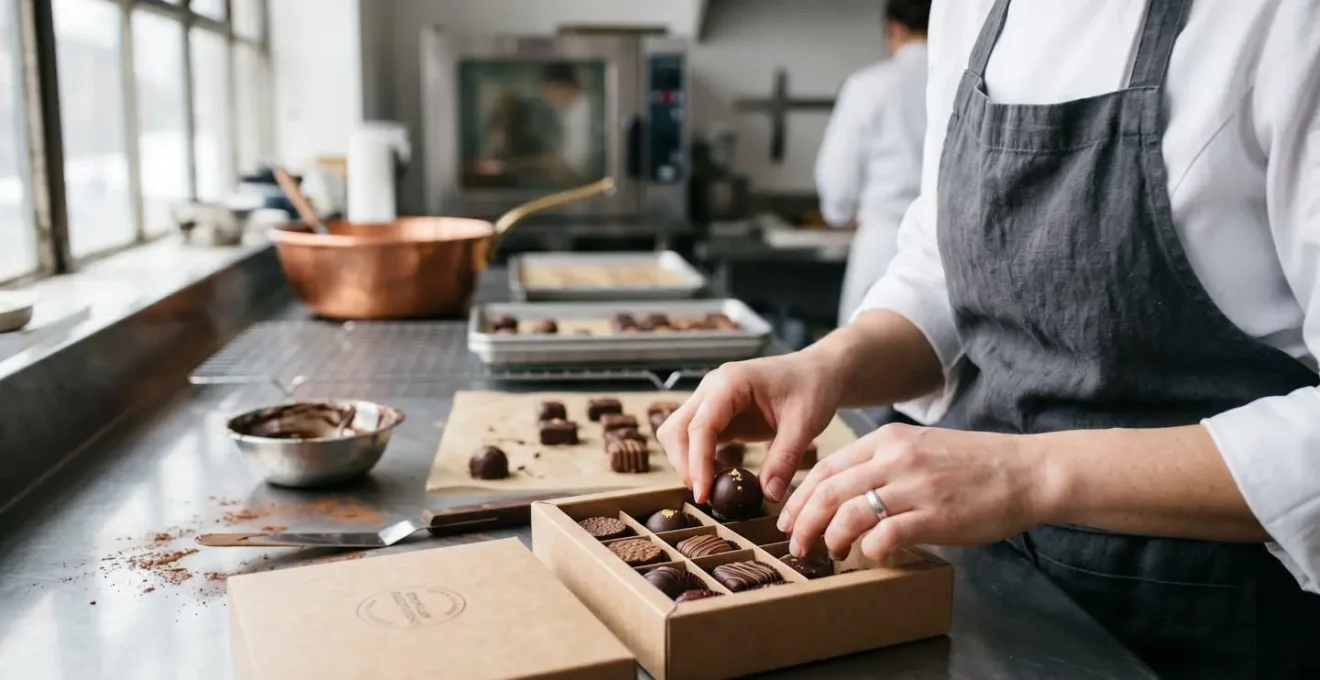 Gros plan sur les mains d'un pâtissier plaçant des chocolats artisanaux dans un sachet kraft biodégradable dans une cuisine professionnelle