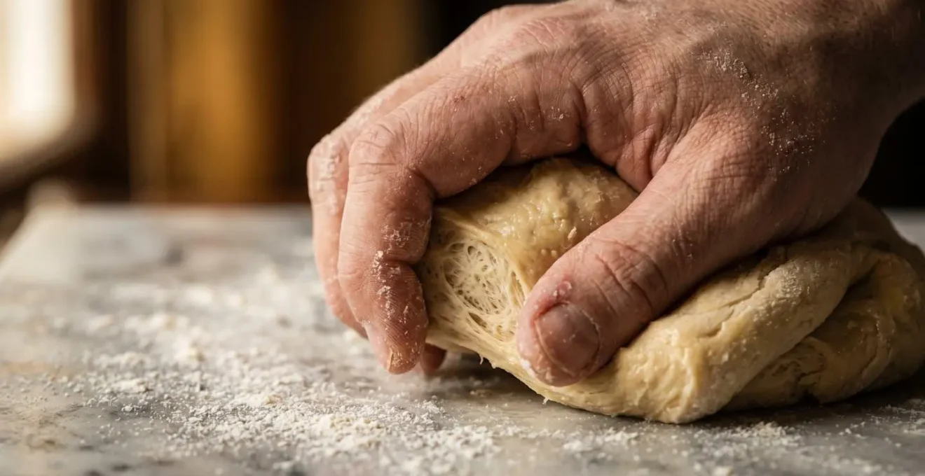 Gros plan sur des mains pétrissant une pâte artisanale avec farine saupoudrée