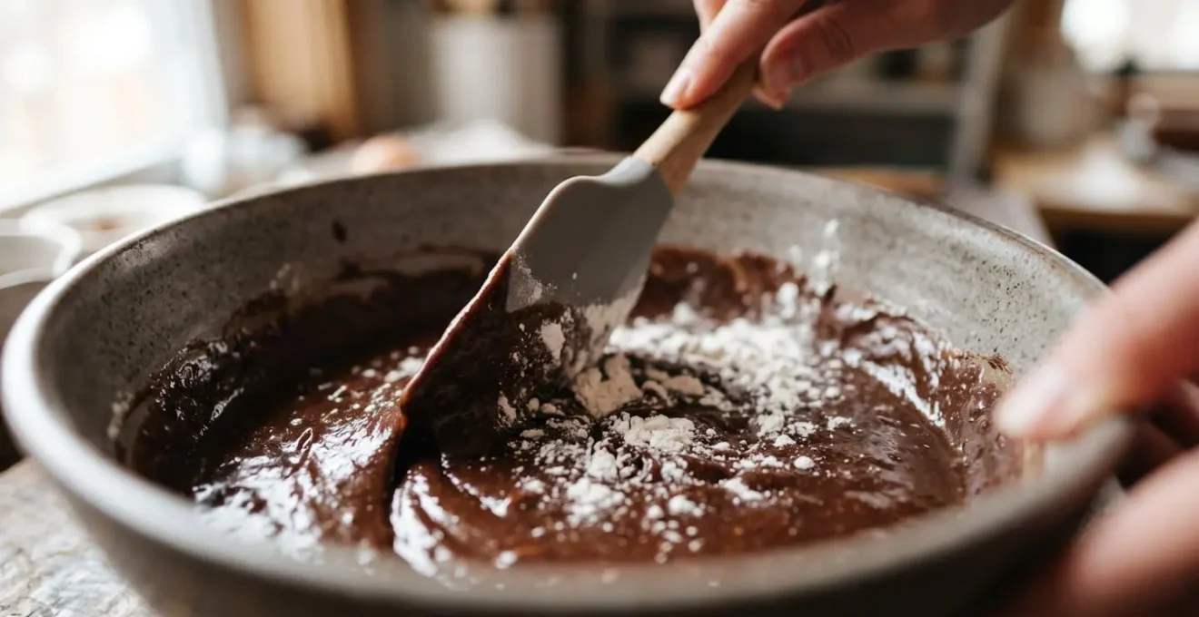 Vue rapprochée d'une spatule incorporant délicatement la farine dans une pâte à fondant au chocolat