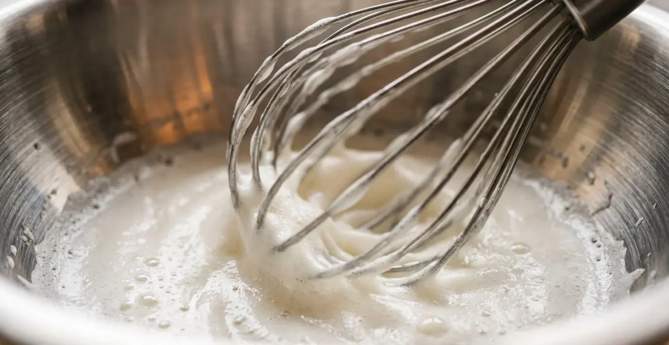 Gros plan sur le mouvement planétaire d'un fouet de robot pâtissier dans un bol en inox
