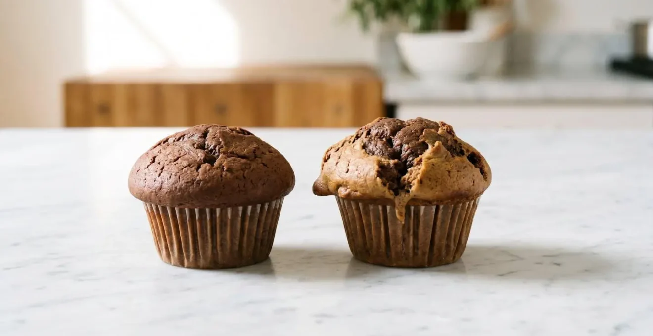 Comparaison visuelle entre un muffin parfait avec léger craquelé et un muffin fendu par excès de chaleur