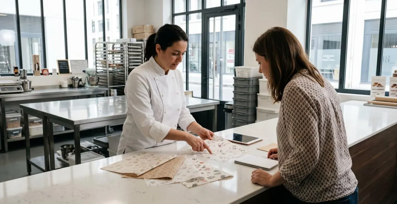 Un pâtissier et une cliente regardent ensemble des échantillons de papiers alimentaires personnalisés posés sur un comptoir d'atelier moderne