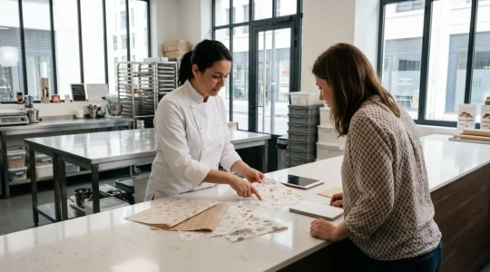 Un pâtissier et une cliente regardent ensemble des échantillons de papiers alimentaires personnalisés posés sur un comptoir d'atelier moderne