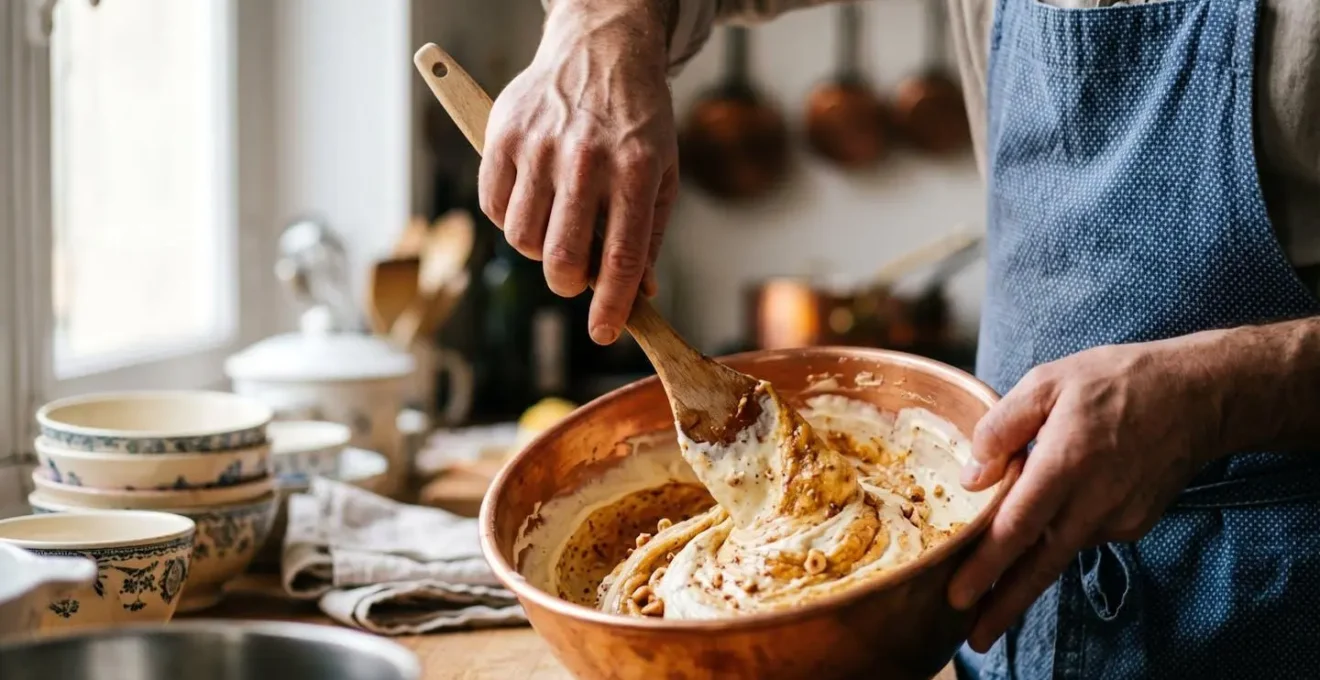 Gros plan sur les mains d'un pâtissier incorporant du praliné artisanal dans une crème mousseline