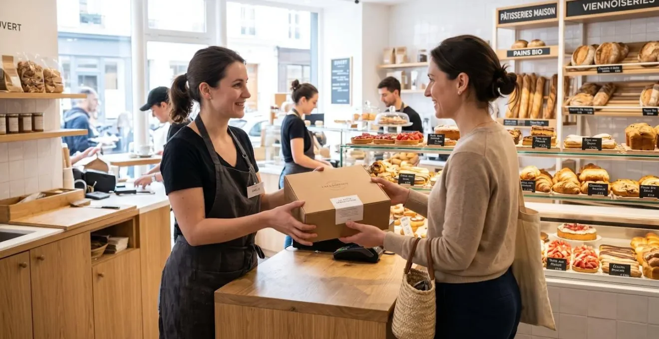 Un pâtissier vu de dos remet une boîte en carton kraft élégante à une cliente dans une boutique lumineuse et contemporaine