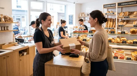 Un pâtissier vu de dos remet une boîte en carton kraft élégante à une cliente dans une boutique lumineuse et contemporaine