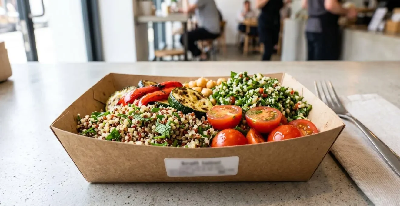 Gros plan détaillé sur un plateau alimentaire en carton kraft contenant un repas fraîchement préparé avec mise au point nette sur la texture du matériau