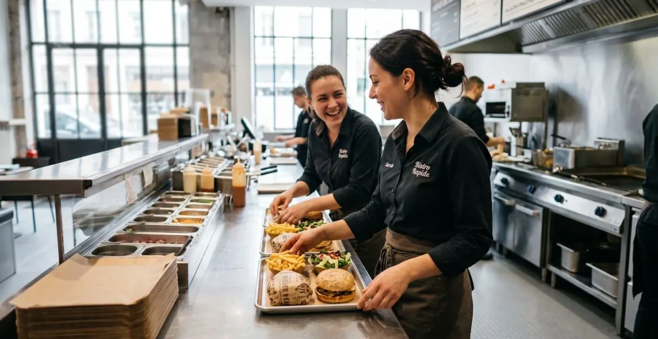 Deux professionnels de restauration préparent des plateaux alimentaires dans une cuisine moderne lumineuse équipée d'inox