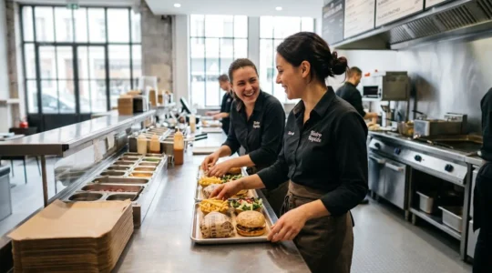Deux professionnels de restauration préparent des plateaux alimentaires dans une cuisine moderne lumineuse équipée d'inox