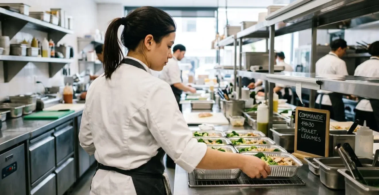 Professionnel de restauration manipulant des plateaux alimentaires jetables dans une cuisine moderne lumineuse