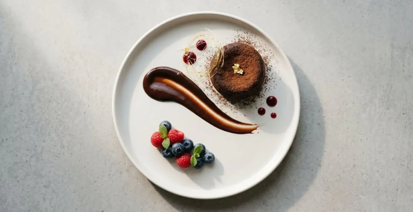 Démonstration visuelle de la règle des tiers appliquée au dressage d'un dessert sur assiette