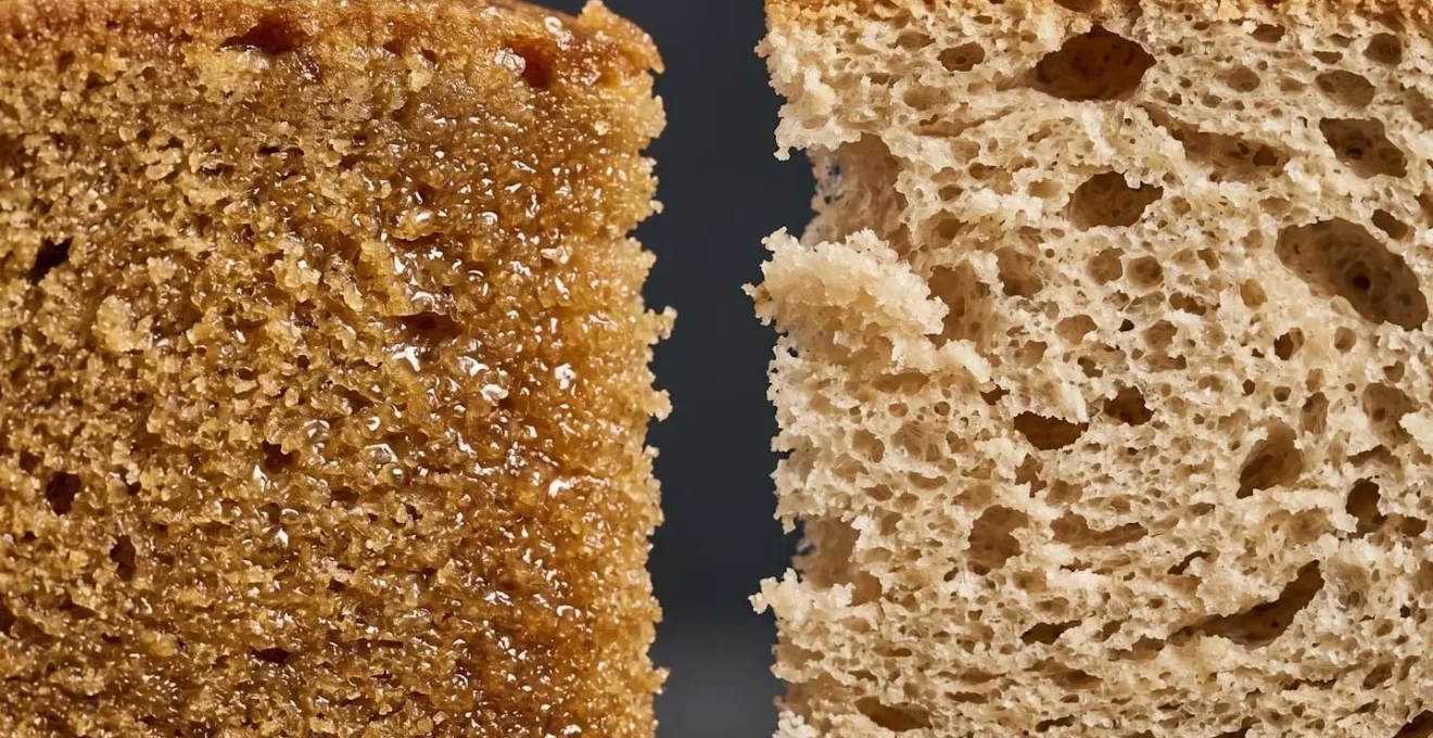 Représentation visuelle de la structure moléculaire de l'amidon dans un gâteau à l'huile versus au beurre