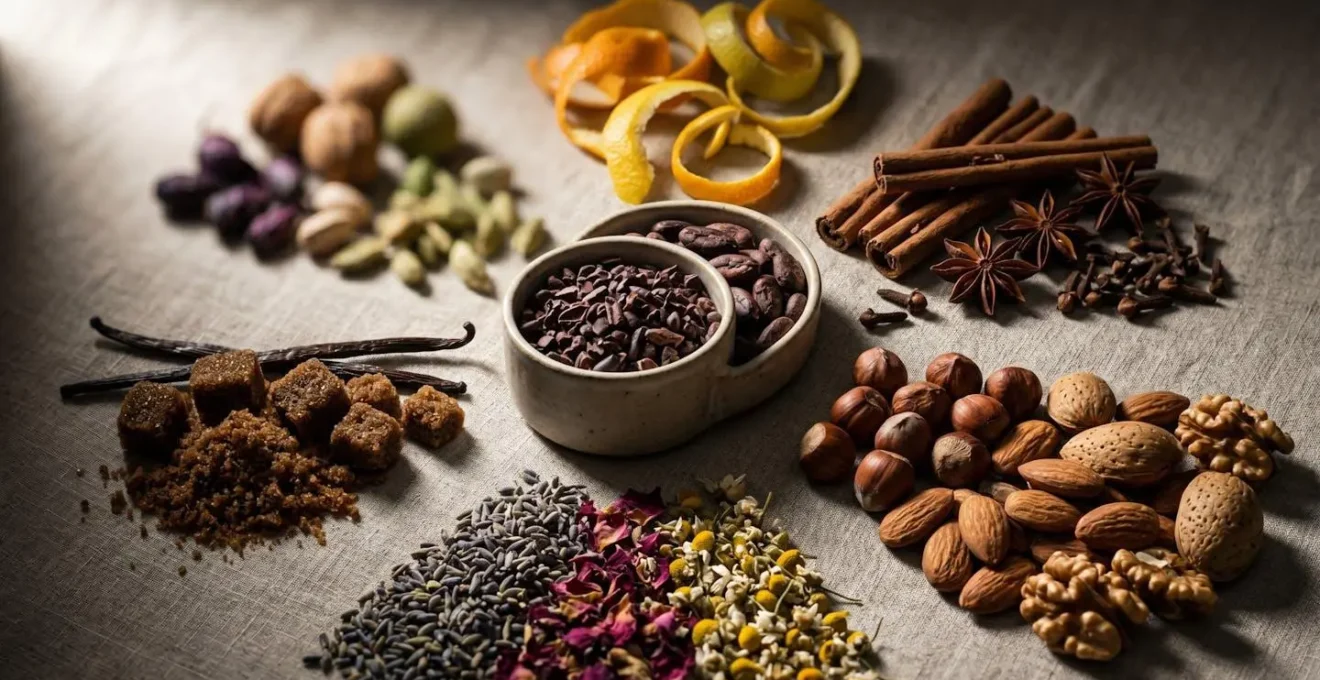 Composition symbolique illustrant les différentes familles aromatiques du cacao grand cru