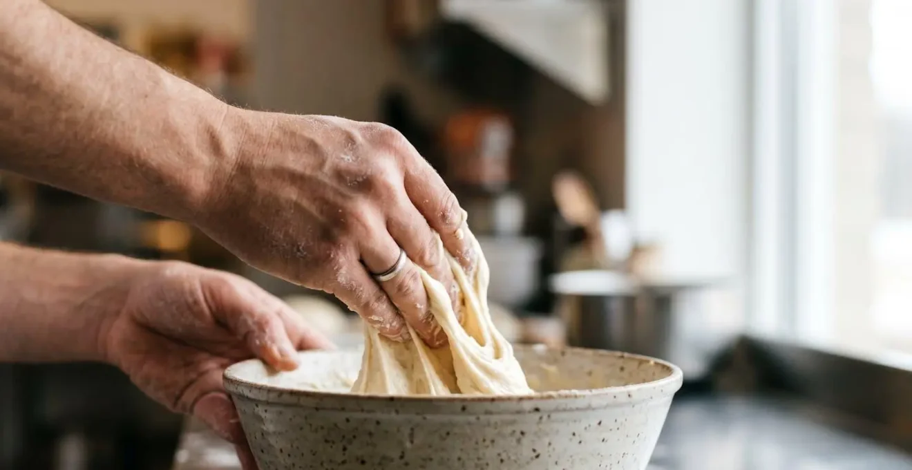 Mains de pâtissier pétrissant délicatement une pâte à gâteau dans un saladier