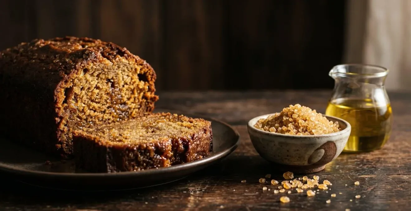 Composition visuelle montrant la profondeur aromatique créée par l'association huile végétale et cassonade dans un gâteau