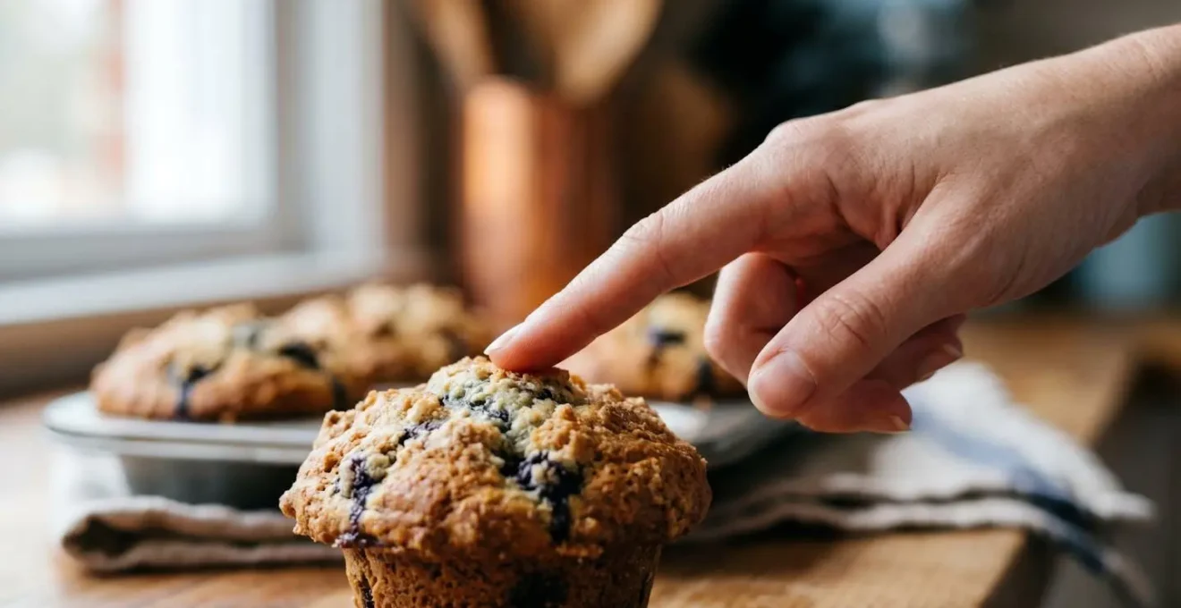 Doigt pressant délicatement le dôme d'un muffin doré pour tester la cuisson par la technique du ressort