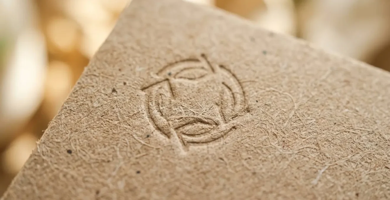 Gros plan extrême sur la texture fibreuse d'un papier kraft avec logo de certification partiellement visible et flouté