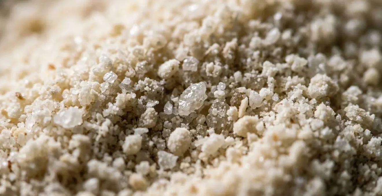 Gros plan macro de la texture de la poudre d'amande montrant sa structure friable et ses particules fines