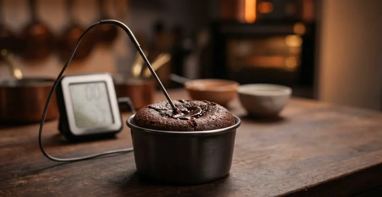 Thermomètre de cuisson inséré dans un fondant au chocolat mesurant la température à cœur