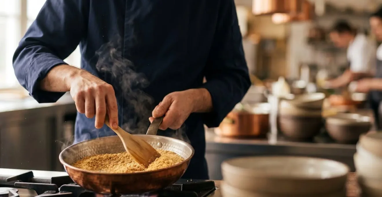 Torréfaction de poudre d'amande dans une poêle avec geste du pâtissier et dégagement aromatique