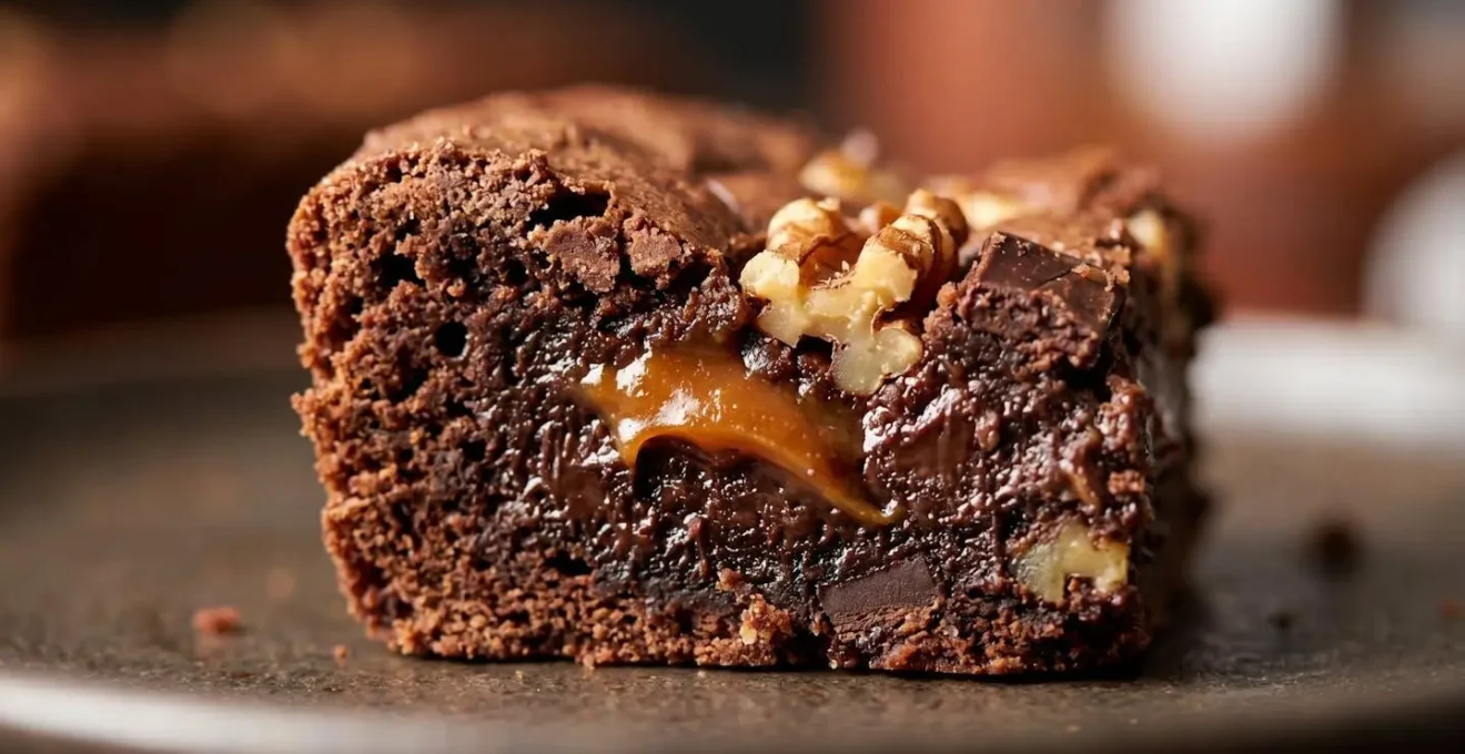 Brownie au chocolat coupé révélant différentes textures et garnitures comme des noix ou un coeur coulant au caramel
