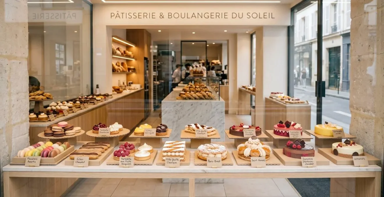 Vitrine d'une pâtisserie française moderne présentant plusieurs desserts sur des plateaux en carton de formats variés avec lumière naturelle