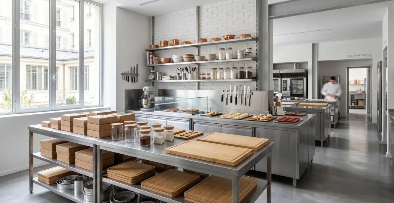 Vue en plongée d'un laboratoire de pâtisserie moderne avec plan de travail en inox organisé, étagères murales, grande baie vitrée diffusant une lumière naturelle abondante